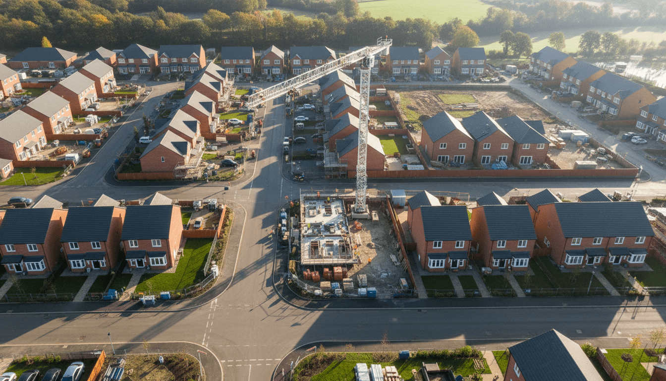 Aerial view of a well-organised UK construction site