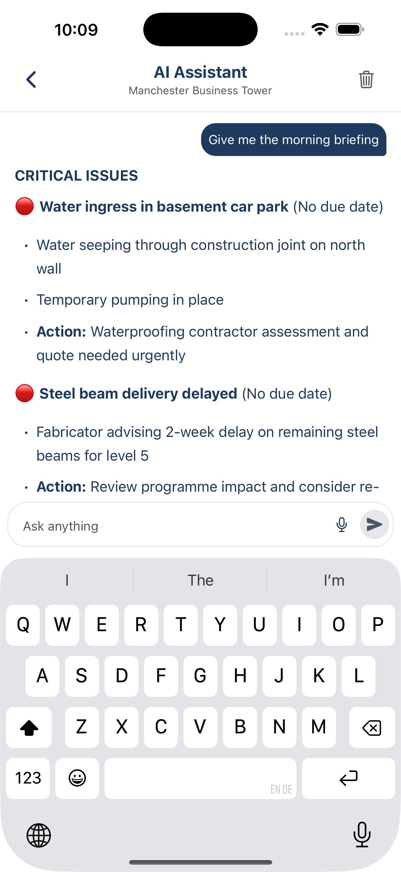 BuildersAI AI assistant showing morning briefing with critical site issues