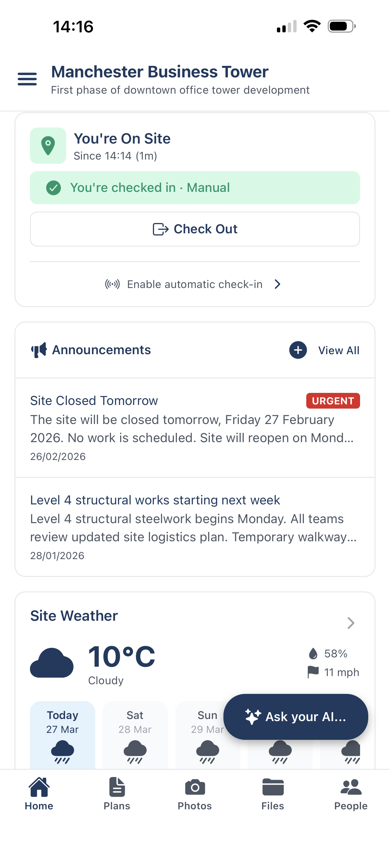 BuildersAI app home screen showing site check-in, announcements and weather