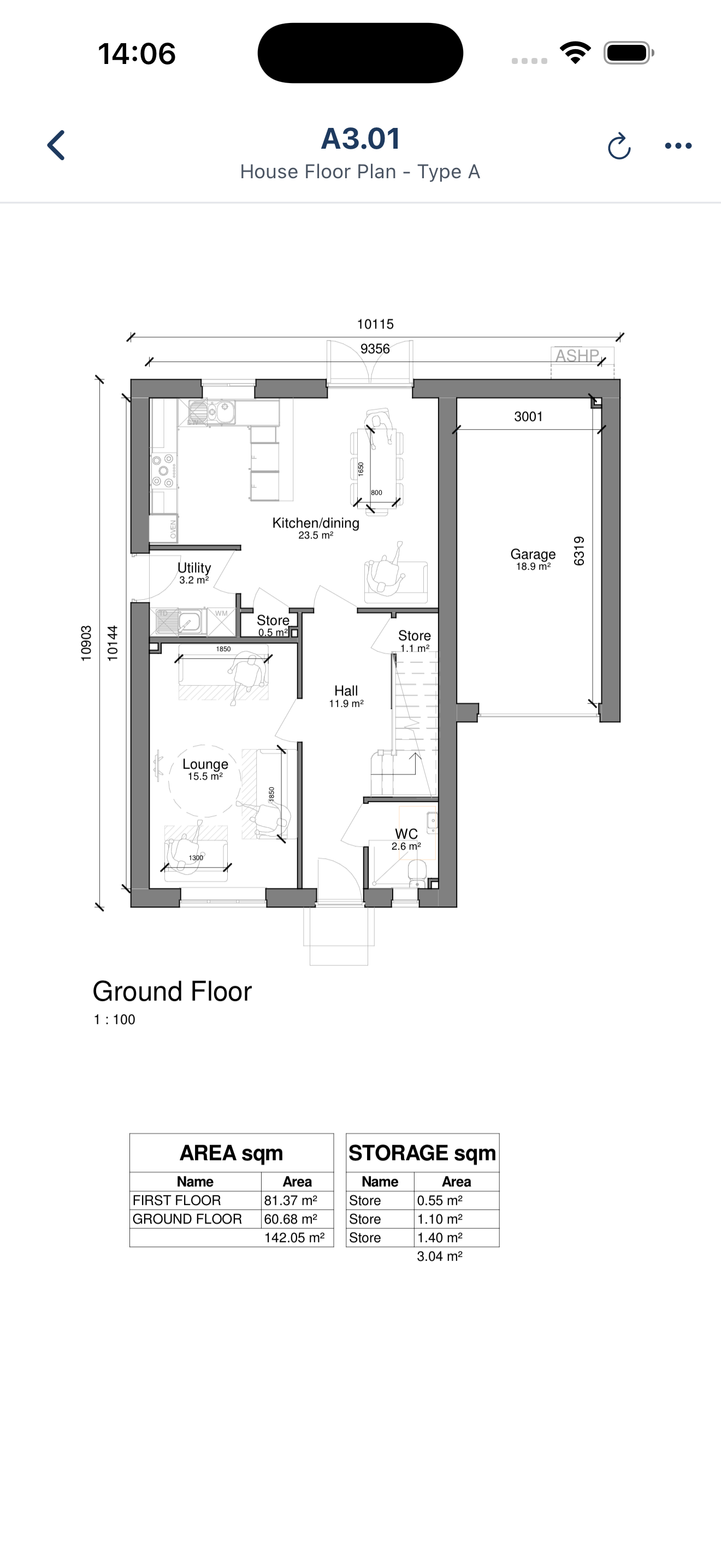 BuildersAI app showing House Floor Plan Type A ground floor drawing
